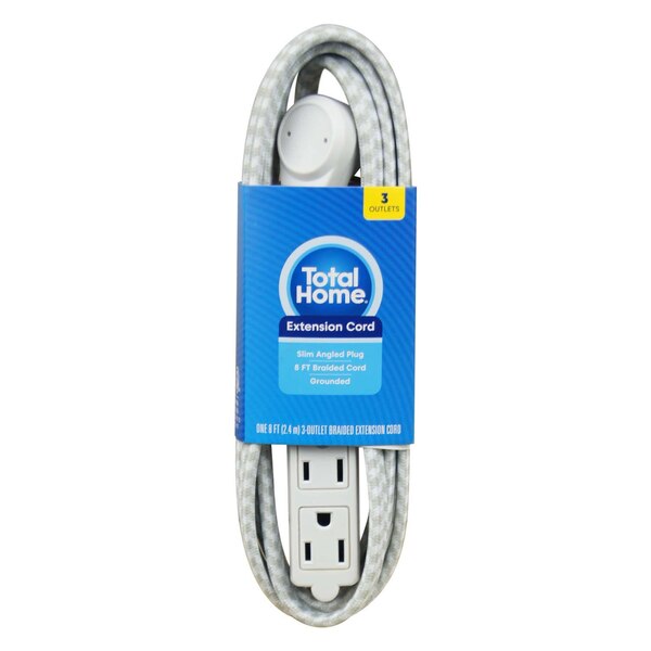 Total Home 3-Outlet Grounded Braided Indoor Extension Cord, Green, 8 ft