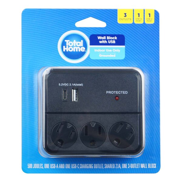 Total Home 3-Outlet & USB Port Wall Block, Black