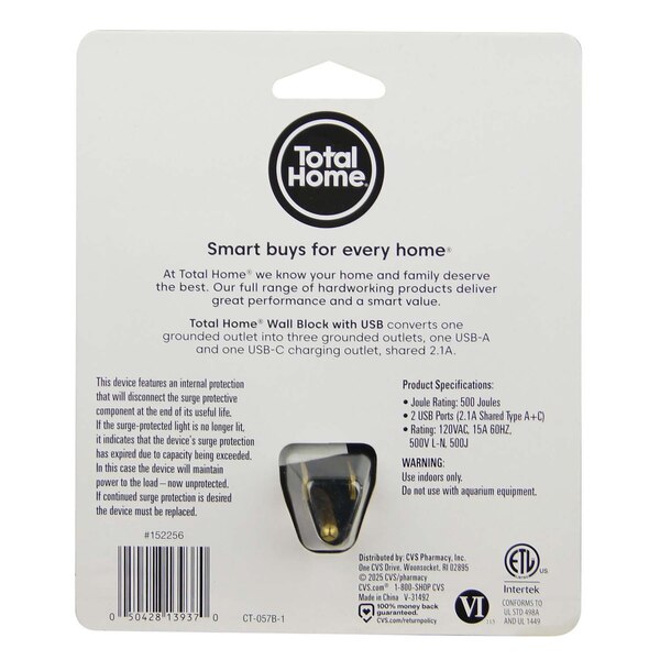 Total Home 3-Outlet & USB Port Wall Block, Black