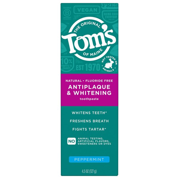Tom's Of Maine Antiplaque and Whitening Fluoride-Free Natural Toothpaste, Peppermint, 5.5 OZ