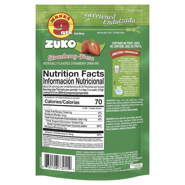 Zuko Powder Drink Mix, Strawberry, 14.1 OZ