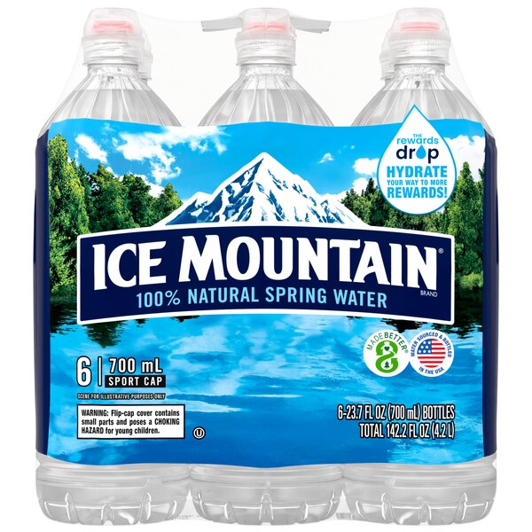 Ice Mountain 100% Natural Spring Water, Sport Cap Bottles, 6 ct, 23.7 oz
