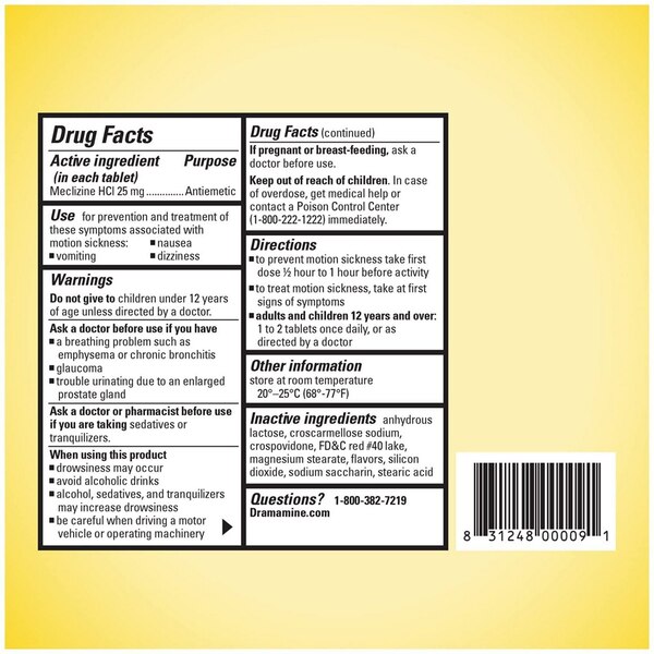 Dramamine, All Day Motion Sickness Relief Chewable Tablets, Raspberry Cream, 12 CT