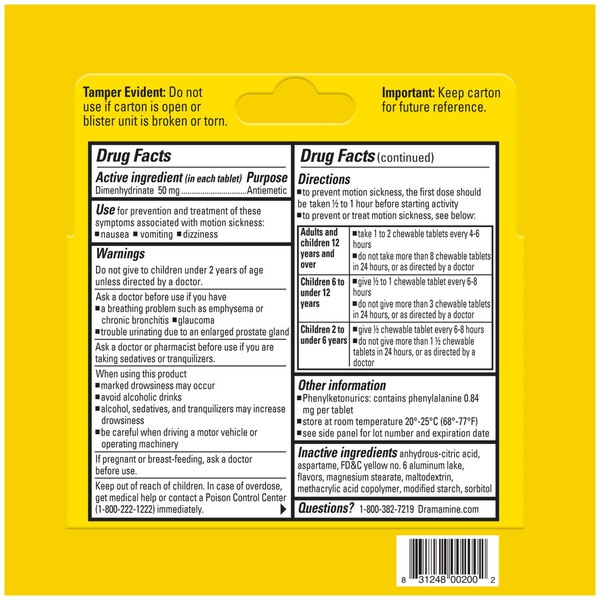 Dramamine Motion Sickness Chewable Tablets, Orange flavored, 8 CT