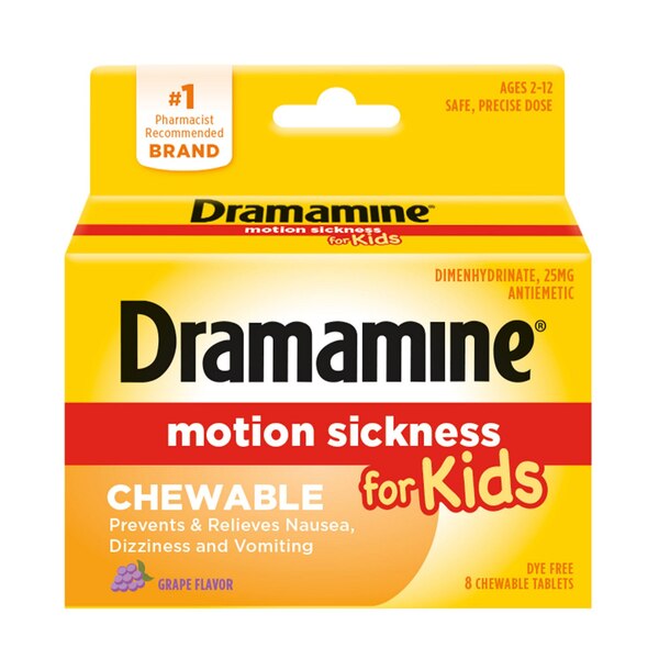 Dramamine Chewable Motion Sickness Relief for Kids, Grape, 8 CT