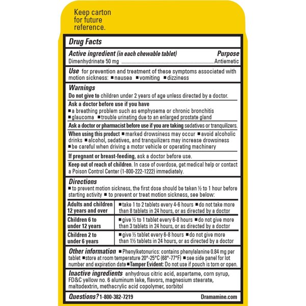 Dramamine Motion Sickness Chewable Tablets, Orange flavored, 4 CT