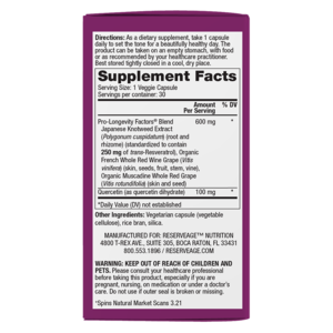 Reserveage Beauty Resveratrol Veggie Capsules, 250 mg, 30 CT