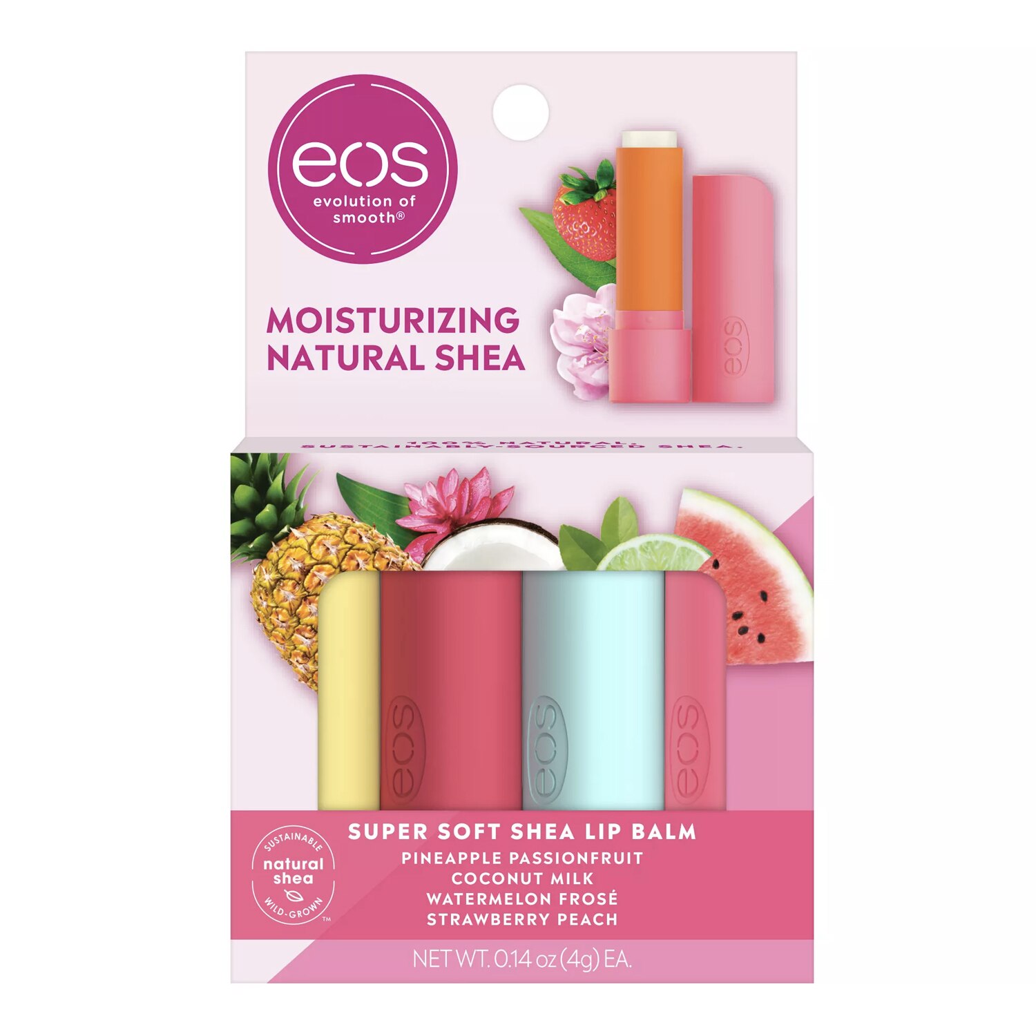 eos 100% Natural Lip Balm, Pineapple Passionfruit, Strawberry Peach, Watermelon Frose & Coconut Milk, 0.14 OZ, 4 CT