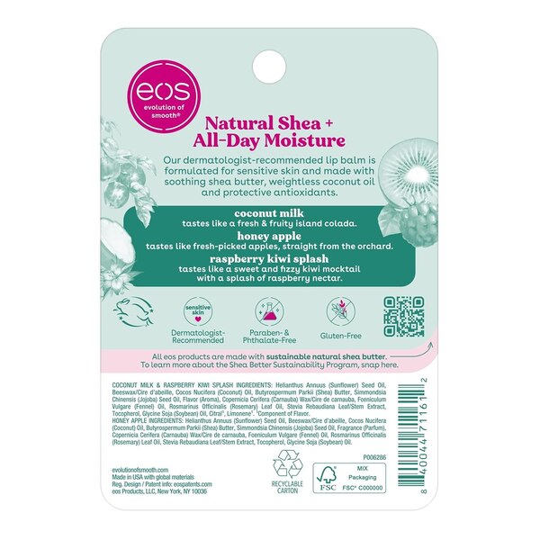 eos Natural Shea Smooth Lip Balm, 3CT, Coconut Milk, Honey Apple, & Raspberry Kiwi Splash