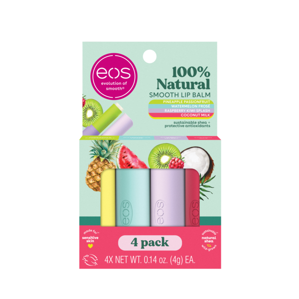 eos 100%  4-Pack Lip Balm Sticks, Natural Fruity Variety, 4 Pack