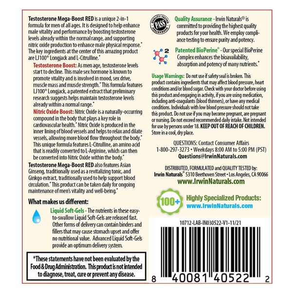 Irwin Naturals Testosterone Mega-Boost Red Liquid Soft-gels
