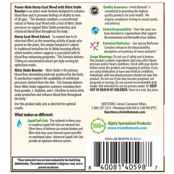 Irwin Power Male Horny Goat Weed With Nitric Oxide Booster, 60 CT