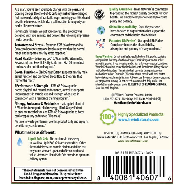 Irwin Energy & Endurance Testosterone Up Men 40+, 60 CT