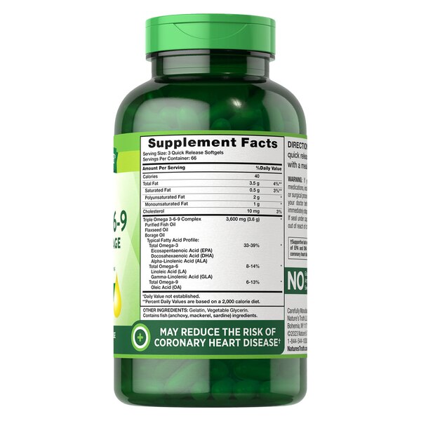 Nature's Truth Triple Omega 3-6-9 Fish, Flax, Borage, 3,600 MG, 200 CT