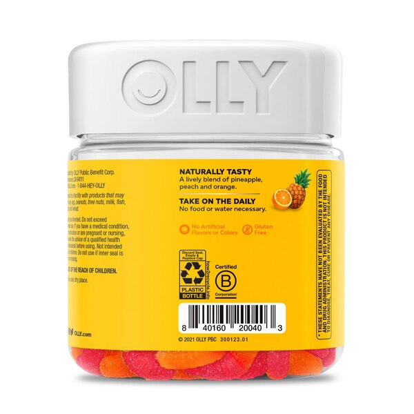 OLLY Hello Happy Gummies, Adult Gummy Worm Supplement, Vitamin D, Tropical Zing, 60CT