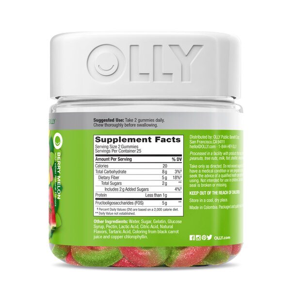 OLLY Fiber Gummy Rings, FOS, 5 g Prebiotic - Strawberry Watermelon Flavor, 50CT