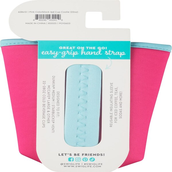 Swig Life Insulated Iced Cup Coolie, Pink Colorblock, 22-28 oz