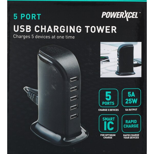 Powerxcel - Torre de carga USB de 5 puertos
