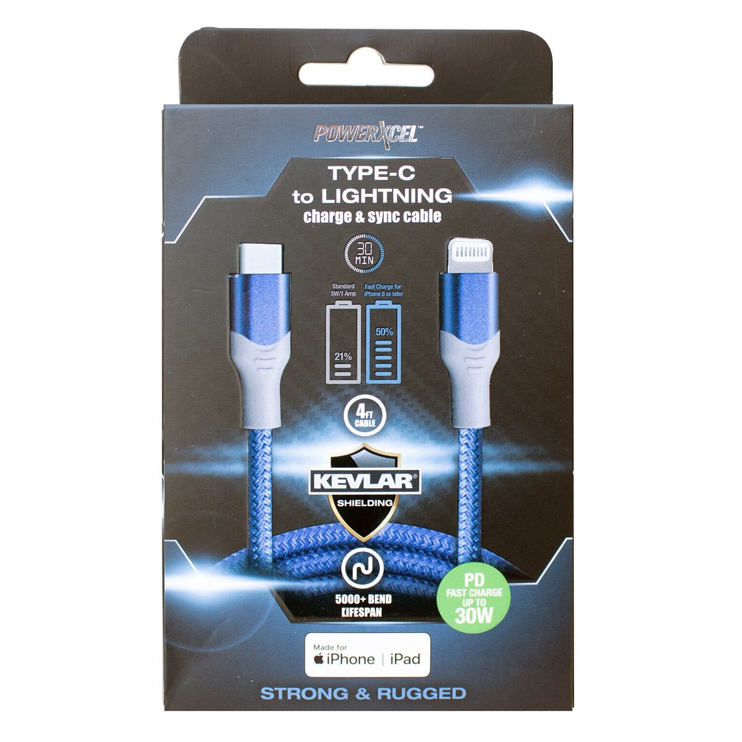PowerXcel Type C to Lightning Charge and Sync Cable with Kevlar Shielding