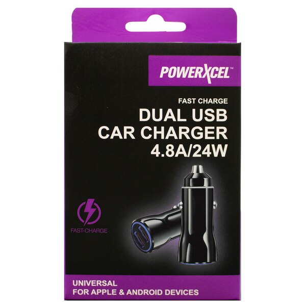 PowerXcel Dual USB Car Charger 24 Watts, Black