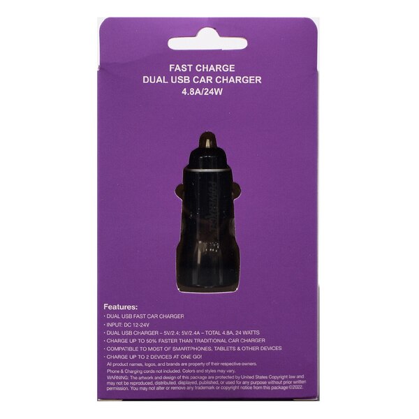 PowerXcel Dual USB Car Charger 24 Watts, Black