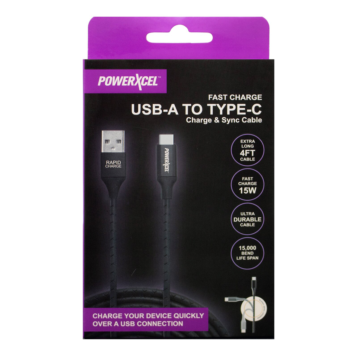 PowerXcel USB-A to Type C Ultra Durable Charge and Sync Cable, Black