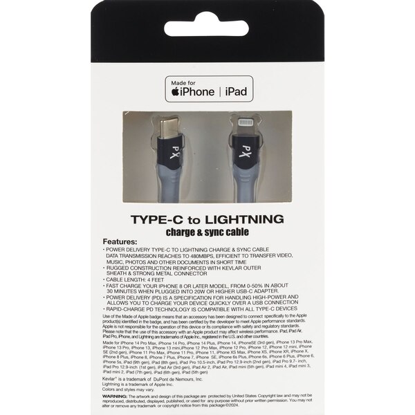 PowerXcel Type C to Lightning  Charge and Sync Cable with Kevlar Shielding