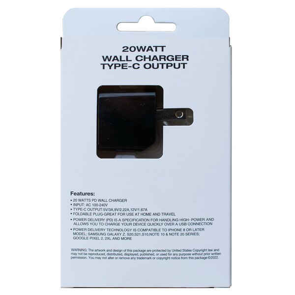 PowerXcel 20 Watt Wall Charger Type-C Output, Black