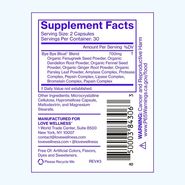 Love Wellness Bye Bye Bloat Debloating Capsules, 60 CT