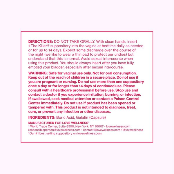 Love Wellness The Killer, Boric Acid Vaginal Suppositories, 14 CT
