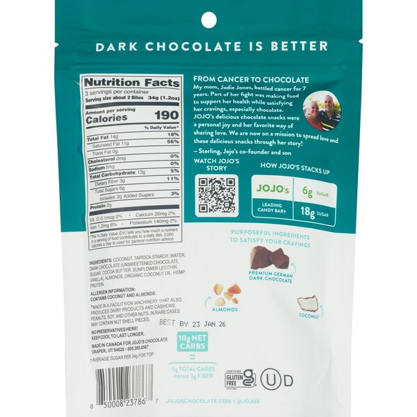 JOJO’s Dark Chocolate Coconut Filled Bites, 3.9 oz