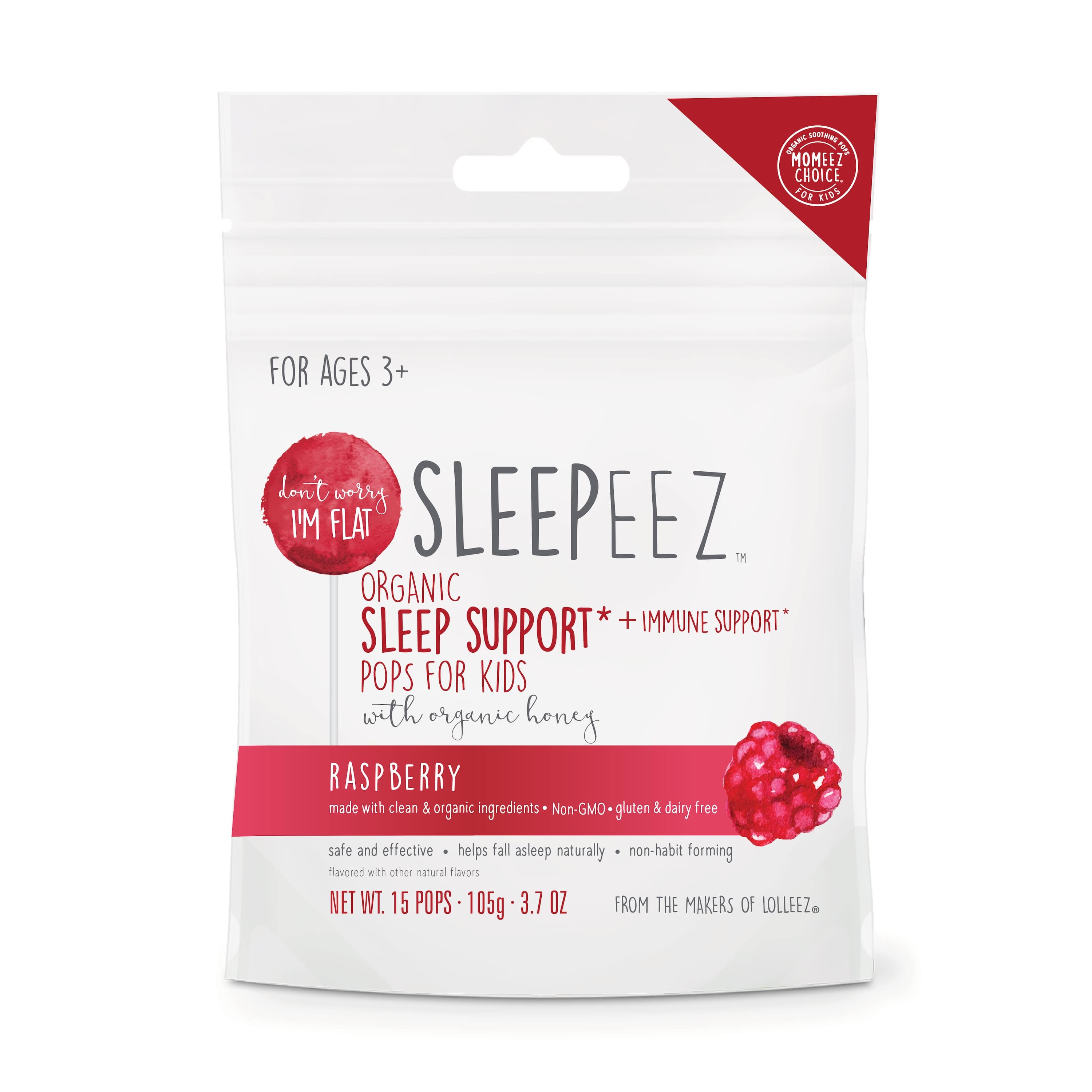 Sleepeez Organic Sleep Support + Immune Support Pops for Kids, Raspberry, 15 CT