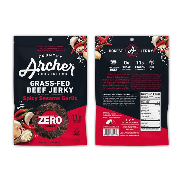 Country Archer Spicy Sesame Garlic Grass-Fed Beef Jerky, Zero Sugar, 2 oz