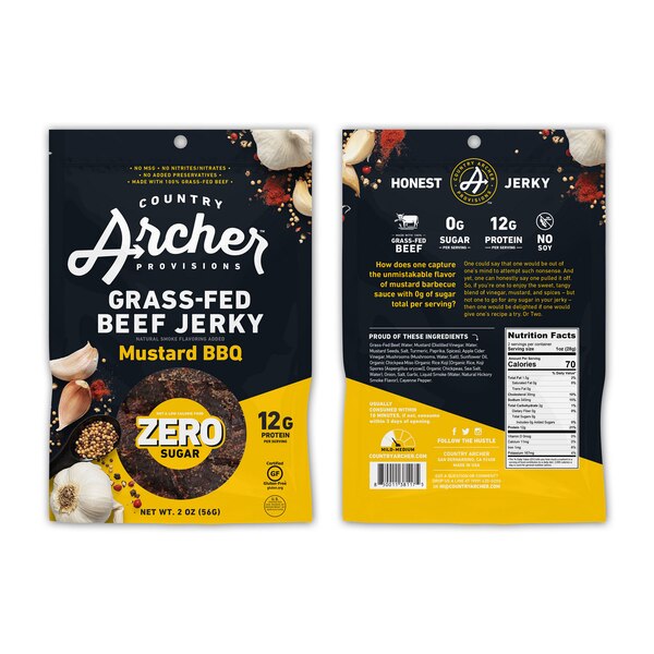 Country Archer Mustard BBQ Grass-Fed Beef Jerky, Zero Sugar, 2 oz