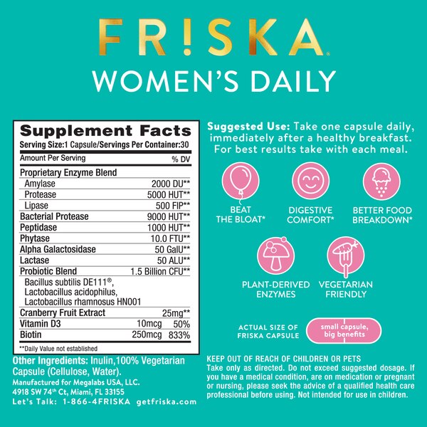 FRISKA Women's Daily Enzyme + Probiotic Support Capsules