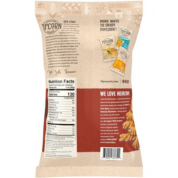Pipcorn Heirloom Snacks, Cinnamon Sugar Twists, 4.5 oz