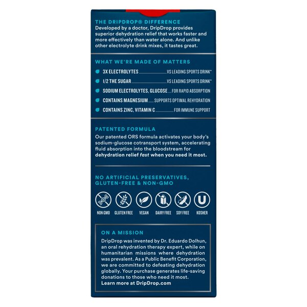 Drip Drop Dehydration Relief Fast Electrolyte Powder, Fruit Punch, 8 CT