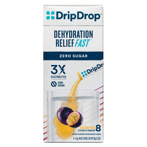 Drip Drop Dehydration Relief Fast Zero Sugar Electrolyte Powder, Passion Fruit, 8 CT