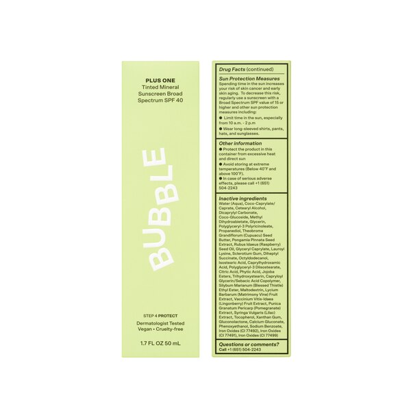 Bubble Skincare Plus One Tinted Daily Mineral Sunscreen, Broad Spectrum SPF 40, 1.7 OZ