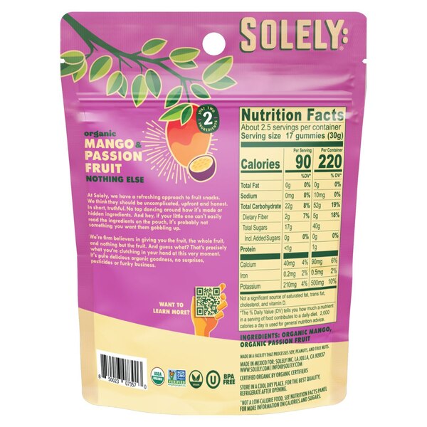 Solely, Organic Fruit Gummies Mango & Passionfruit, 2.5 oz