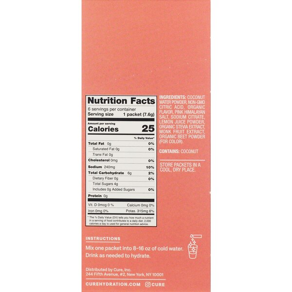 Cure Hydration Hydrating Electrolyte Drink Mix, Strawberry Kiwi, 6 ct, 1.76 oz