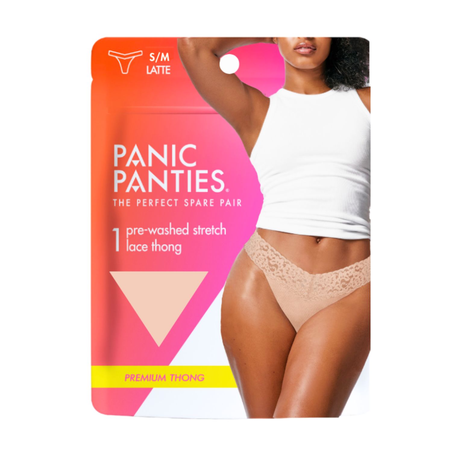 Panic Panties Stretch Lace Thong, S/M, Latte, 1 CT