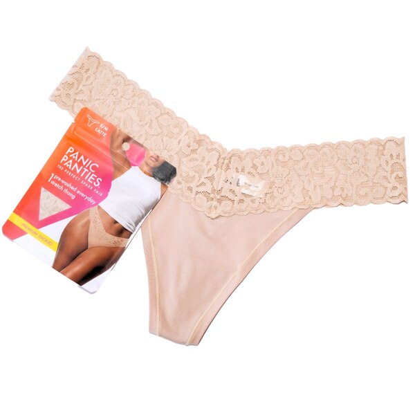 Panic Panties Stretch Lace Thong, S/M, Latte, 1 CT