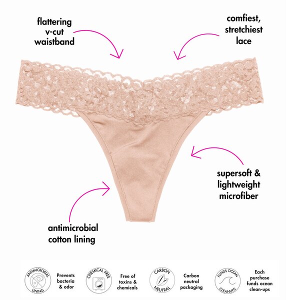 Panic Panties Stretch Lace Thong, S/M, Latte, 1 CT