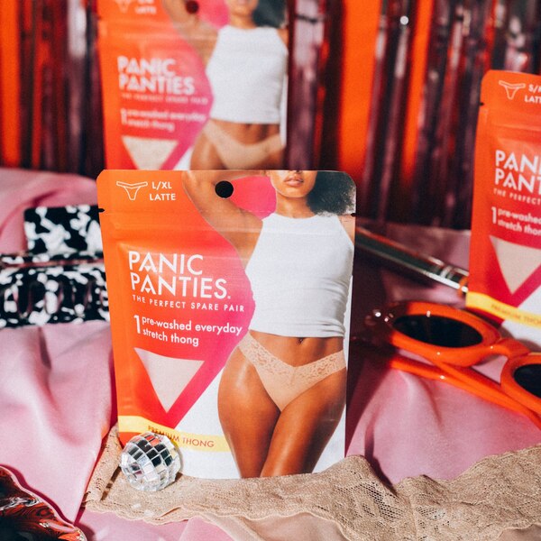 Panic Panties Stretch Lace Thong, S/M, Latte, 1 CT