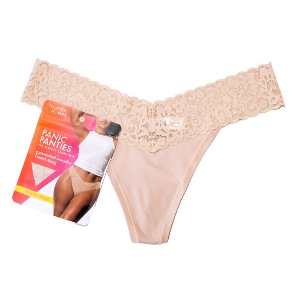 Panic Panties Stretch Lace Thong, Latte, L/XL, 1 CT