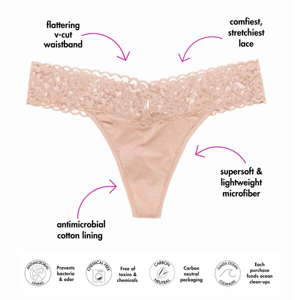 Panic Panties Stretch Lace Thong, Latte, L/XL, 1 CT