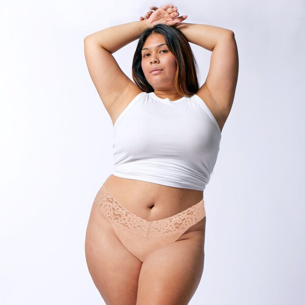 Panic Panties Stretch Lace Thong, Latte, L/XL, 1 CT
