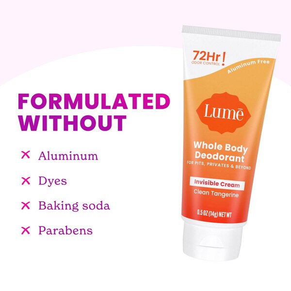 Lume Whole Body Deodorant Invisible Cream, Clean Tangerine, 0.5 OZ