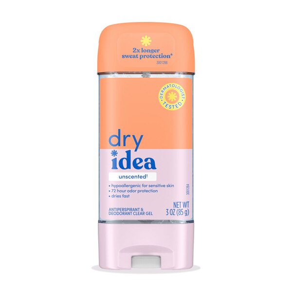 Dry Idea 72-Hour Hypoallergenic Clear Gel Antiperspirant & Deodorant Stick, Unscented, 3 OZ